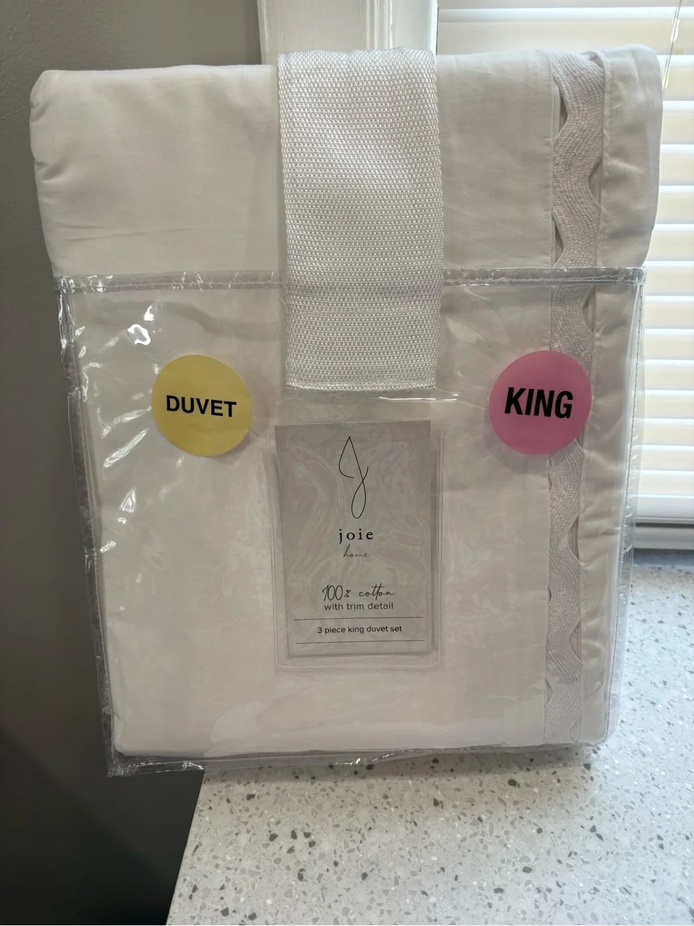 NEW Joie Home 3-piece King Duvet Set, white scalloped trim detail